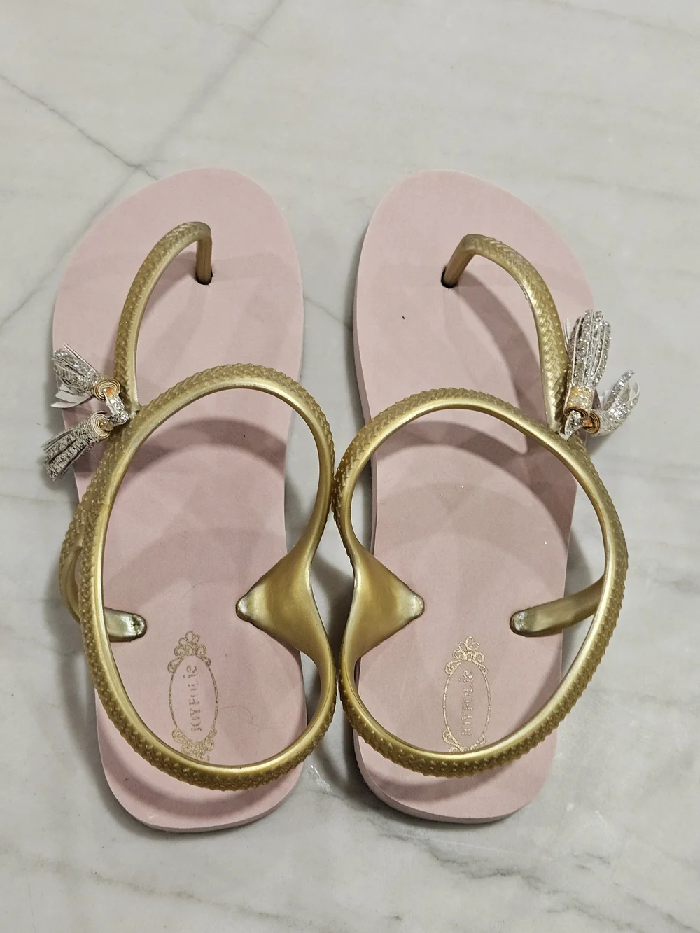 Joyfolie Girls Cassia Pink Gold Glitter Tassel Accent Flip Flops